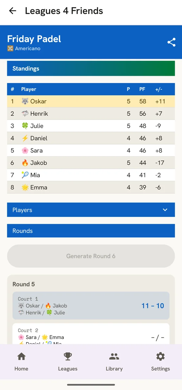 Padel Americano standings and rounds in Leagues 4 Friends