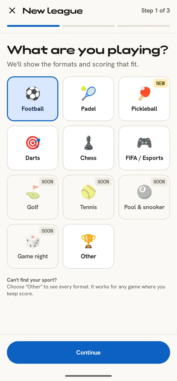 Sport picker: football, padel, pickleball, darts, chess, FIFA
